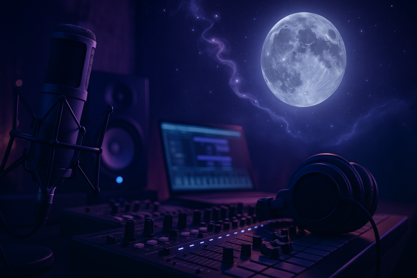 Meine Musik. Mein Weg. Lunara. Lunara Symbolbild – Mond am Nachthimmel mit Mikrofon, steht für Meine Musik, mein Weg
